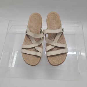 Crocs A-Leigh Cork Wedge Heel Sandals Women's 8 M Beige Leather Straps